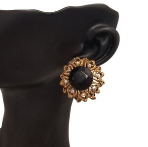 FLORENZA 1960 GOLDTONED, BLACK GLASS & FAUX PEARL STATEMENT CLIP ON EARRINGS